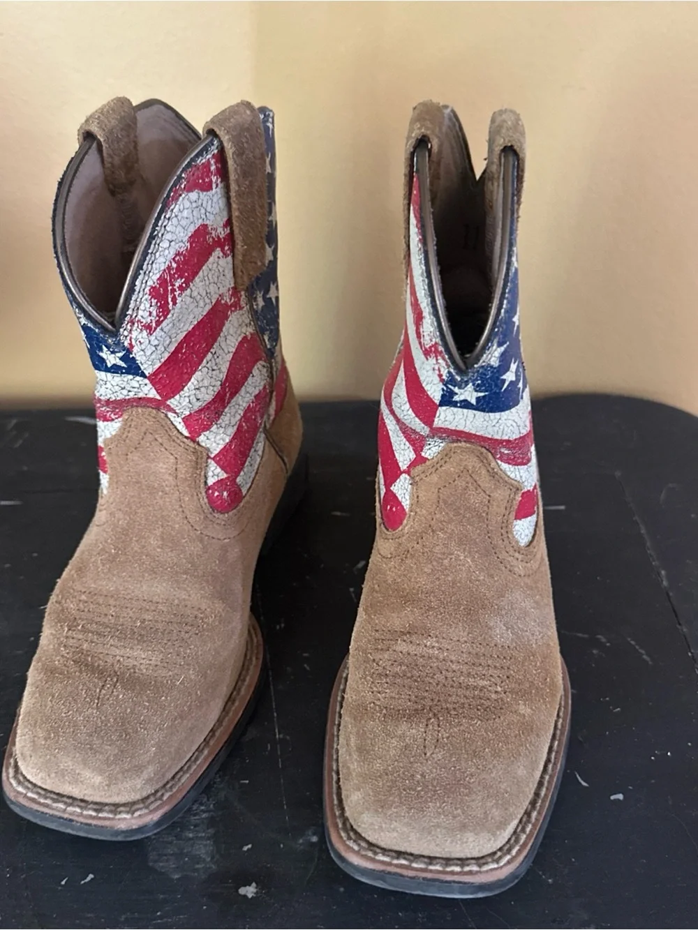 Kids Brown Suede Ariat Cowboy Boots with American Flag Shaft
